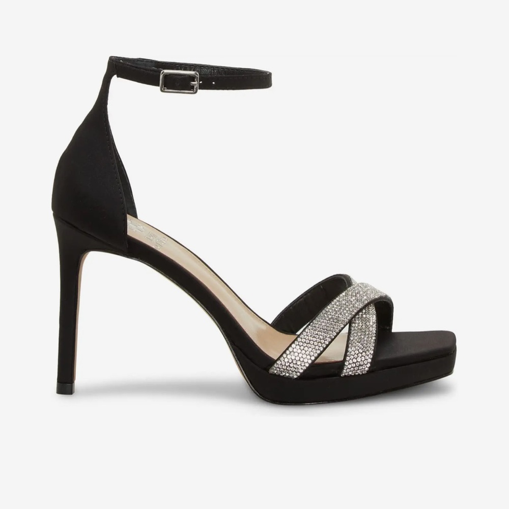 Vince Camuto Kalvira 2 Black Satin Rhinestone Square Open Toe Ankle Strap Heels - Picture 4 of 11